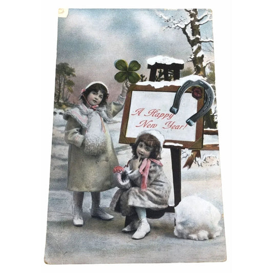 Vintage Collectible Postcard Two Girls Stand in the Snow Beside "A Happy New Year" Sign -- A+ Stuff antique collectible
