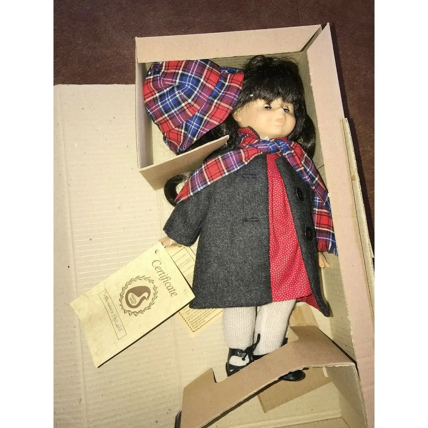 GUSTEL WEID Vinyl Doll PAULINE Brunette in Jacket w Plaid Scarf Made in Germany German Toys and Crafts (GTC)