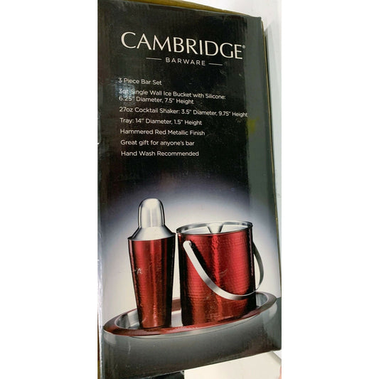 CAMBRIDGE Silversmiths Hammered Red Metallic Ice Bucket, Shaker & Tray Barware Set