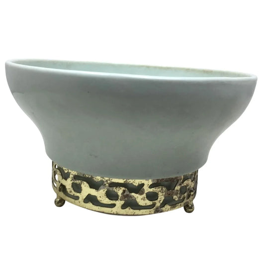 Vintage 7" Ceramic Light Green/Gold Metal Footed Bowl - A+ Stuff