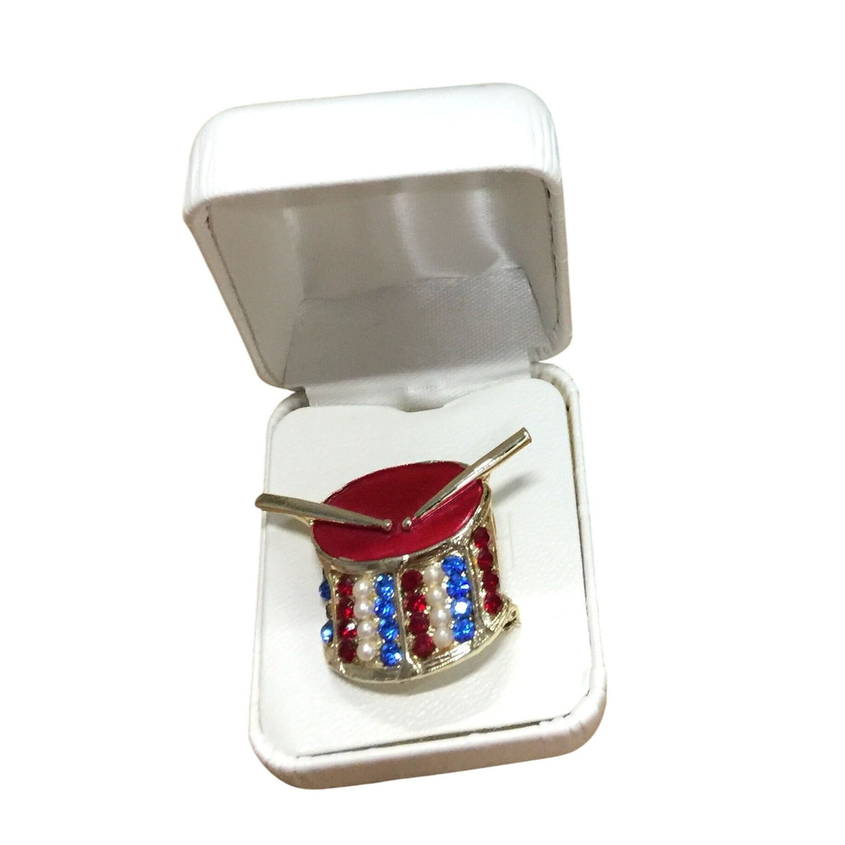 Vintage Patriotic Rhinestone Drum Brooch Pin Gold Tone Red White Blue July 4th Unbranded A+ Stuff Antique Brooch