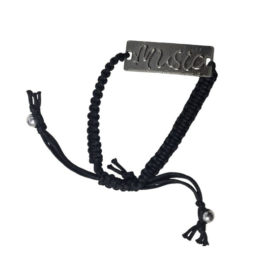 Black Bracelet with Silver Tone Pendant that says ''Music'' in Cursive