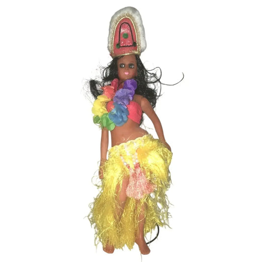 Hawaiian Hula Dancer Doll Figurine. Authentic Clothing with Headdress & Lei --