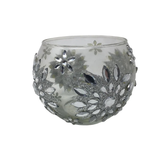 Gift Craft Clear Glass Christmas Silver Snowflake Patterned Bowl/Candle Holder - A+ Stuff