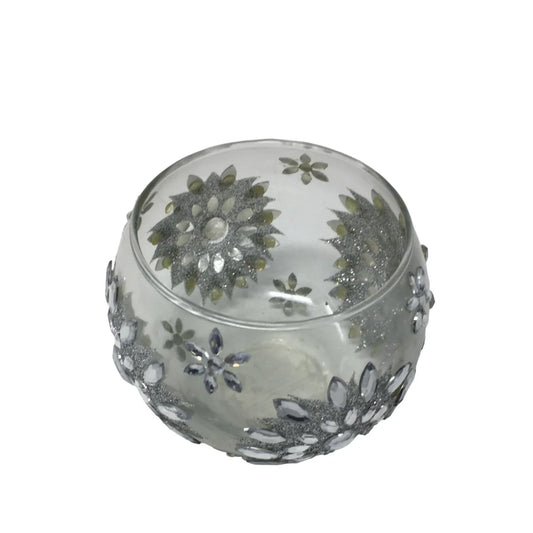 Gift Craft Clear Glass Christmas Silver Snowflake Patterned Bowl/Candle Holder - A+ Stuff