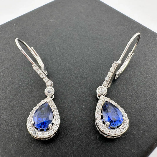 Blue and White Sapphire Tear Drop Earrings in Sterling Silver - A+ Stuff