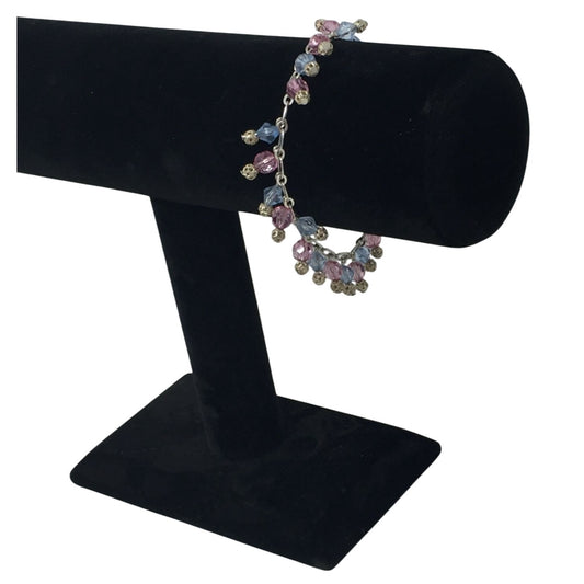 Women's Silver Tone Bracelet with Pink and Blue Hanging Gemstones/Beads