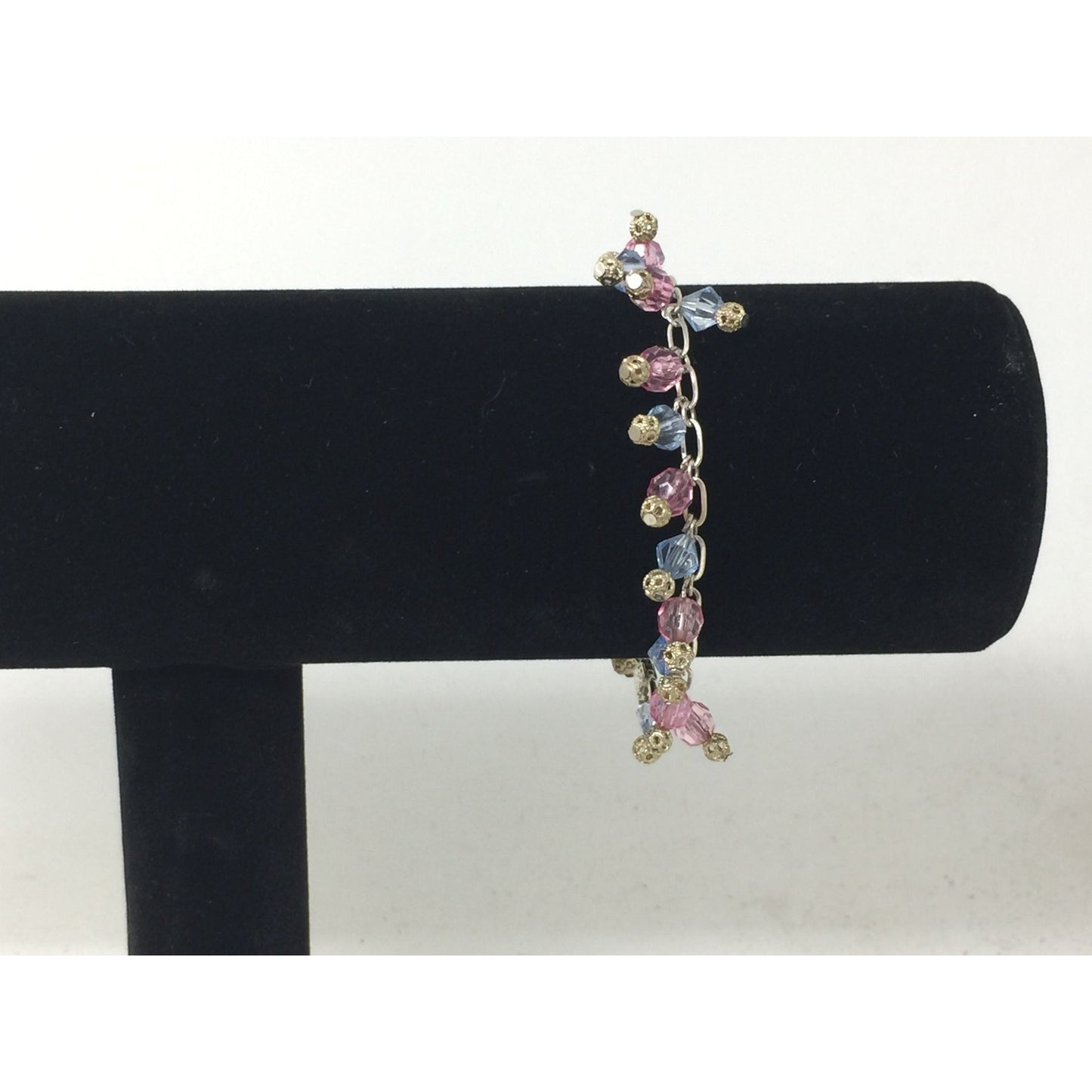 Women's Silver Tone Bracelet with Pink and Blue Hanging Gemstones/Beads