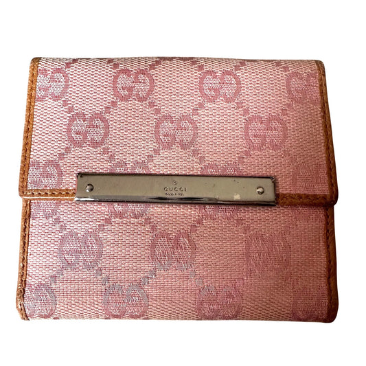 Gucci Pink GG Canvas & Leather Short Bifold Wallet w Coin Purse
