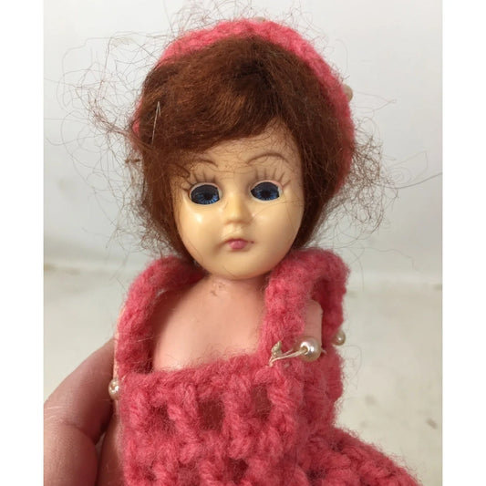 Vintage Collectible Doll Red Hair, Blue Eyes Wearing Crochet Pink Dress w/ Faux Pearls A+ Stuff A+ Stuff