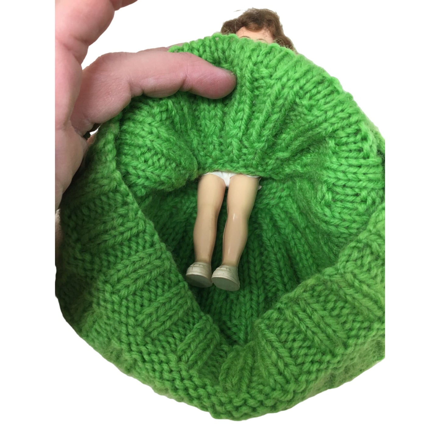 Vintage Collectible Doll With Brown Hair, Wearing Green Crocheted/knitted Dress