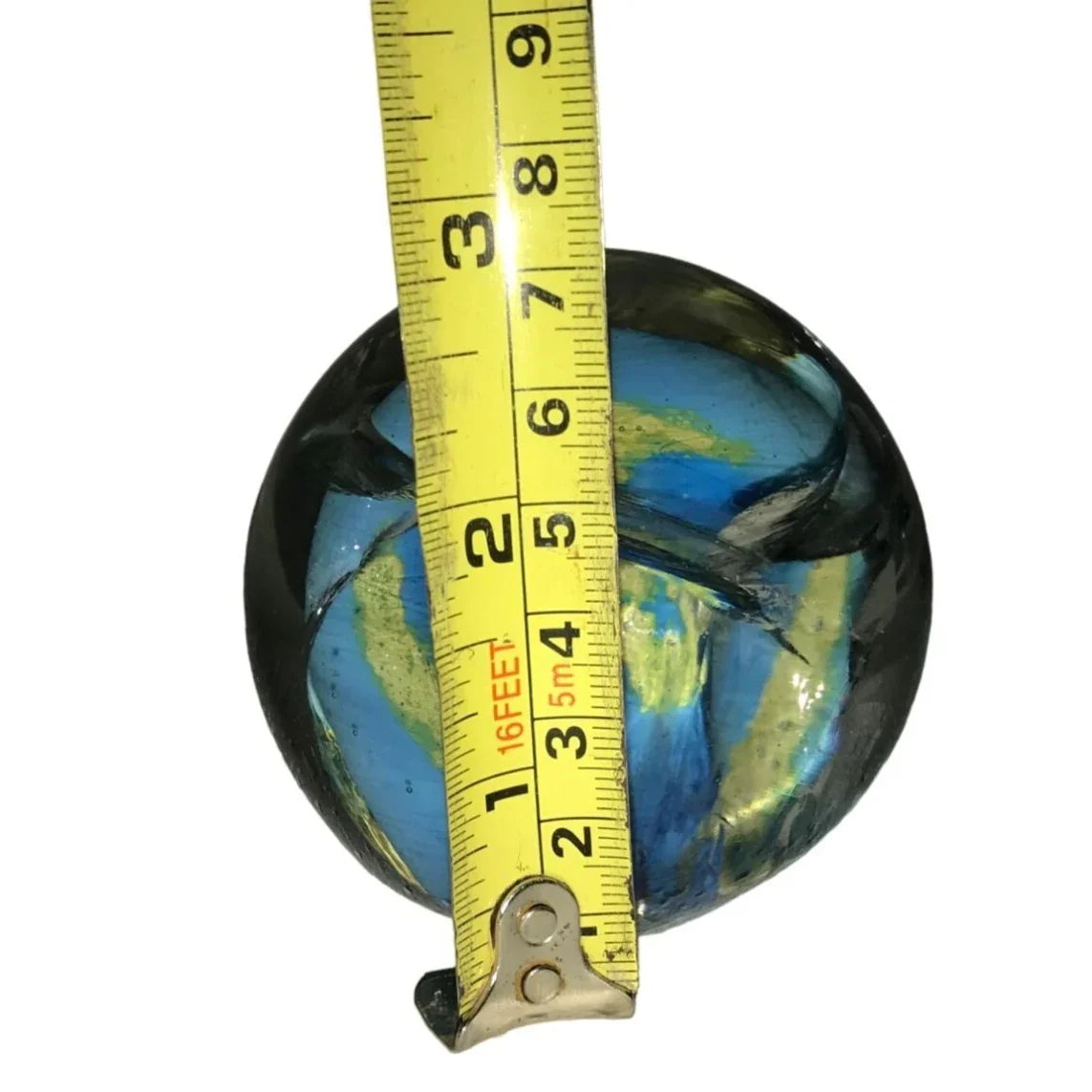 Art Glass Blue Green Yellow Swirled Paperweight - A+ Stuff