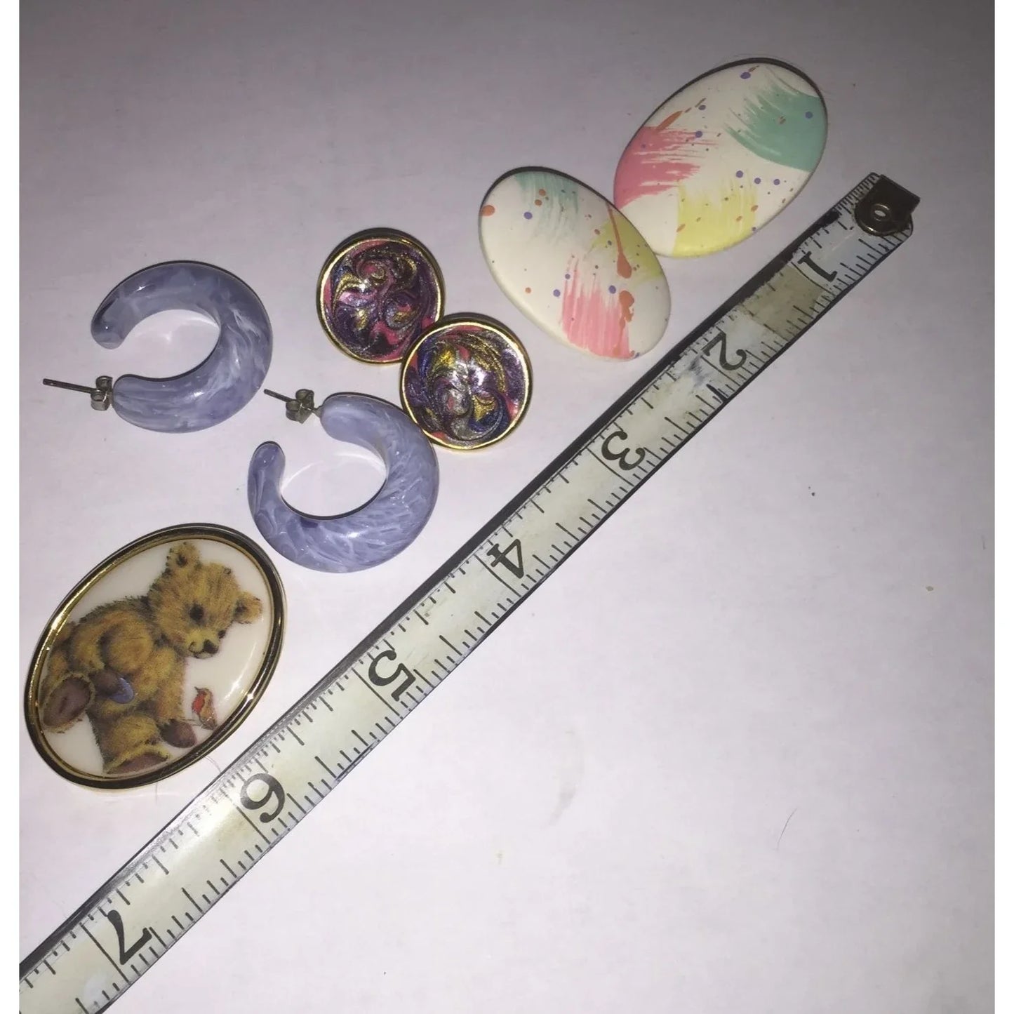 Vintage Earrings/1 Gold Rim Bear Pin- Speckled Oval Earrings, Swirly Paint Earrings, Hoops - A+ Stuff