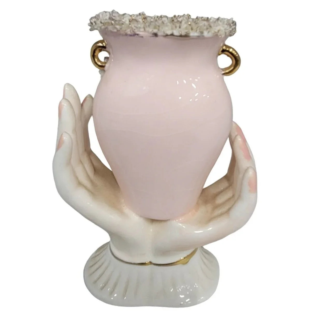 Porcelain Hands holding Urn Style Vase with 3d Flowers - Gold Accents Mid-century Believed to be Lefton China - Lefton China A+ Stuff