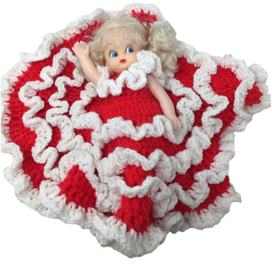 Cute Christmas Tree Topper Doll in Hand Crocheted Red Dress w White Ruffles - Blonde Hair & Blue Eyes -- A+ Stuff Topper Doll cherub