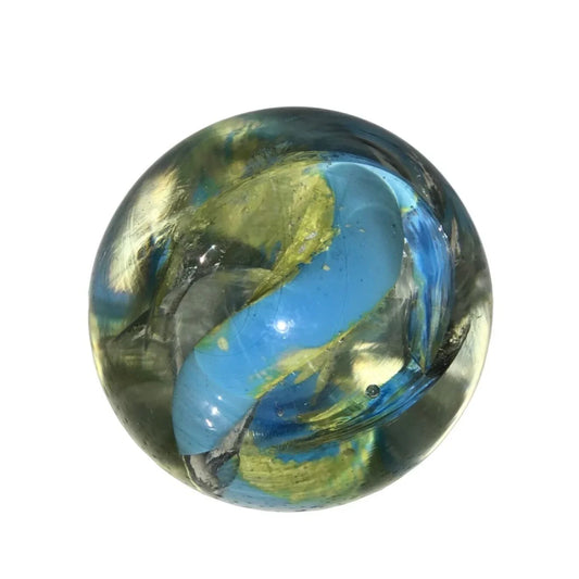 Art Glass Blue Green Yellow Swirled Paperweight - A+ Stuff