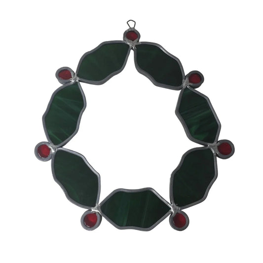 Vintage 1992 Red/Green Stained Glass Holiday Christmas Holly Wreath Window Hanging Ornament A+ Stuff A+ Stuff