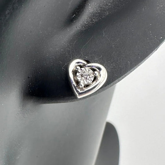 Sterling Silver Heart Shaped Stud Earrings with Natural Diamond in Illusion Setting .925 - A+ Stuff