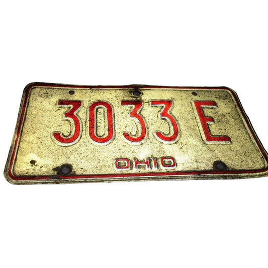 Vintage Ohio License Plate ( Late 1970s, 1980) White with Red Letters - 3033E - A+ Stuff
