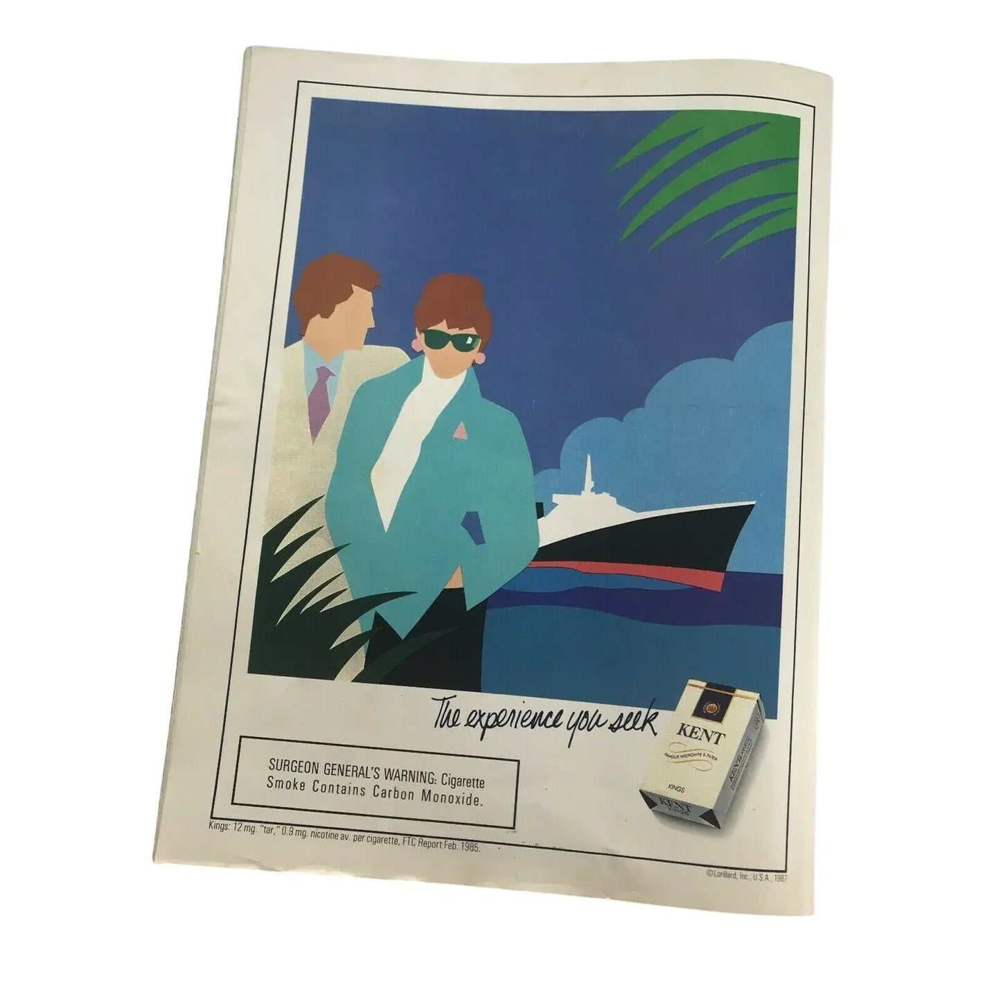 Vintage ad with two illustrated men in suits, cruise ship, and Kent cigarette pack