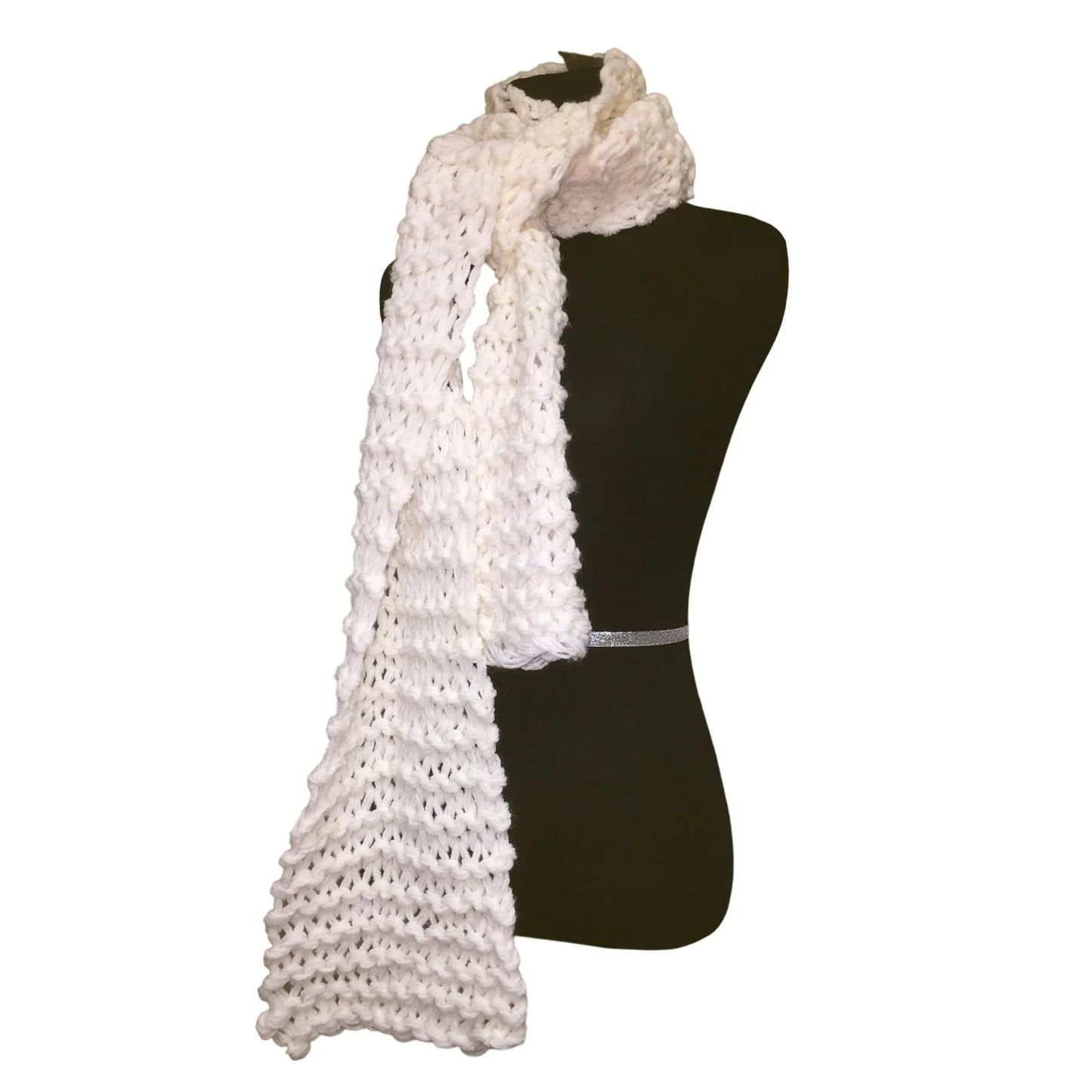 Womens Vintage Handmade White Crocheted/Knitted Long Scarf - A+ Stuff