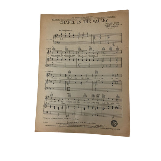 "Chapel In The Valley" Vintage 1940 Sheet Music