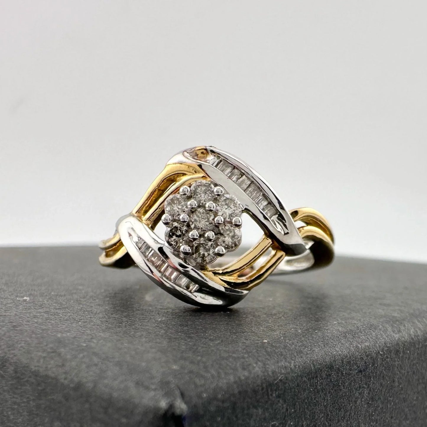 Beautiful 1/4 ct Diamond Ring Baguette and Flower Cluster with Two-Tone Sterling Band Size 7 - A+ Stuff