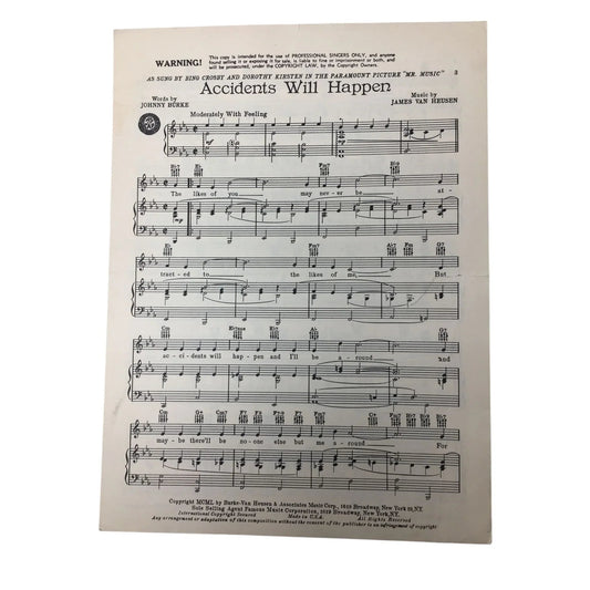 ''Accidents Will Happen'' by Johnny Burke and James Van Heusen - A+ Stuff - SHEET MUSIC - A+ Stuff