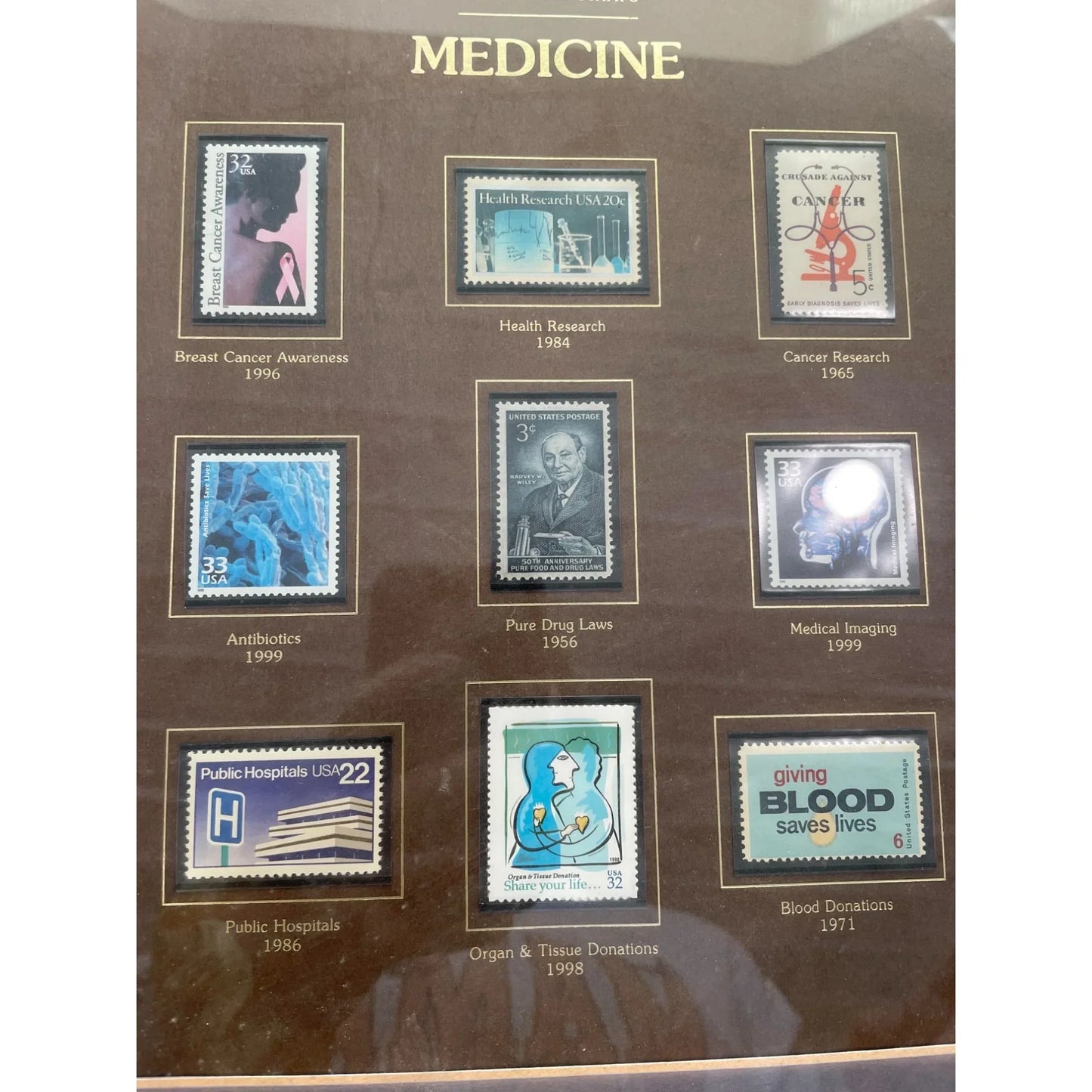 Vintage US Postage Stamps of Medicine Framed & Matted - A+ Stuff