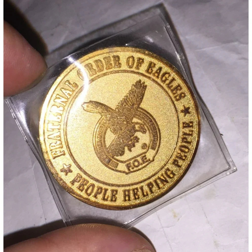 Fraternal Order of Eagles Gold Tone Lapel Pin and Commemorative Coin - A+ Stuff