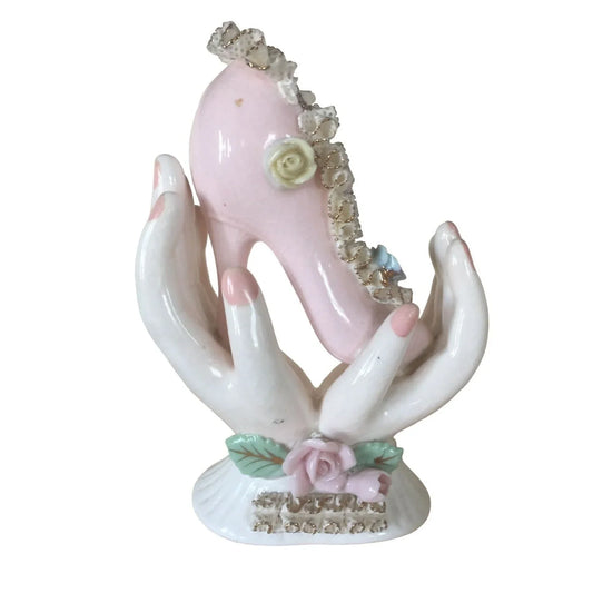 Vintage Artmark Handpainted Original Porcelain High heel Lace Shoe Being Held in Hands Artmark A+ Stuff