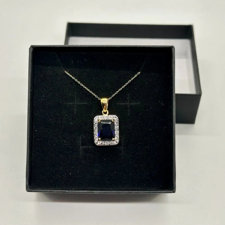 Beautiful 4 Carat Emerald Cut Blue Amethyst Pendant Heart Filagree Pattern Gold Overlay Sterling Silver - A+ Stuff