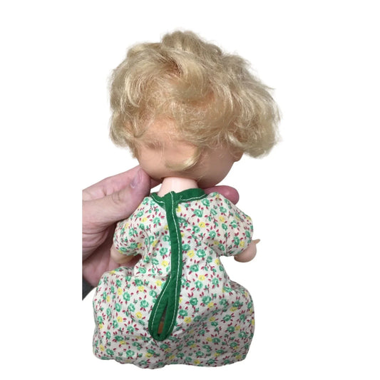 Vintage Collectible Baby Doll Blonde Hair/Green Floral Printed Dress- Rattles when you shake it A+ Stuff A+ Stuff