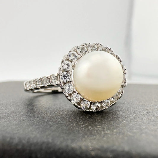 Beautiful Halo 7mm Natural Cultured Pearl Ring Sterling Silver - Size 7.25 - A+ Stuff