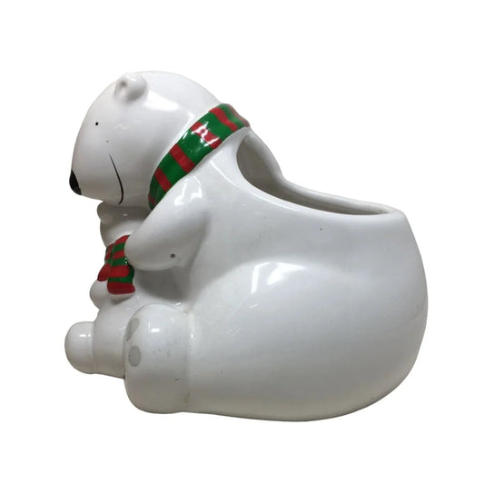 Teleflora Polar Bear and Baby Cub Holiday Planter Wearing Red Green Scarf A+ Stuff A+ Stuff