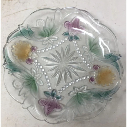 Vintage Small Clear Glass Plate with Flowers/Leaves Printed on it A+ Stuff A+ Stuff