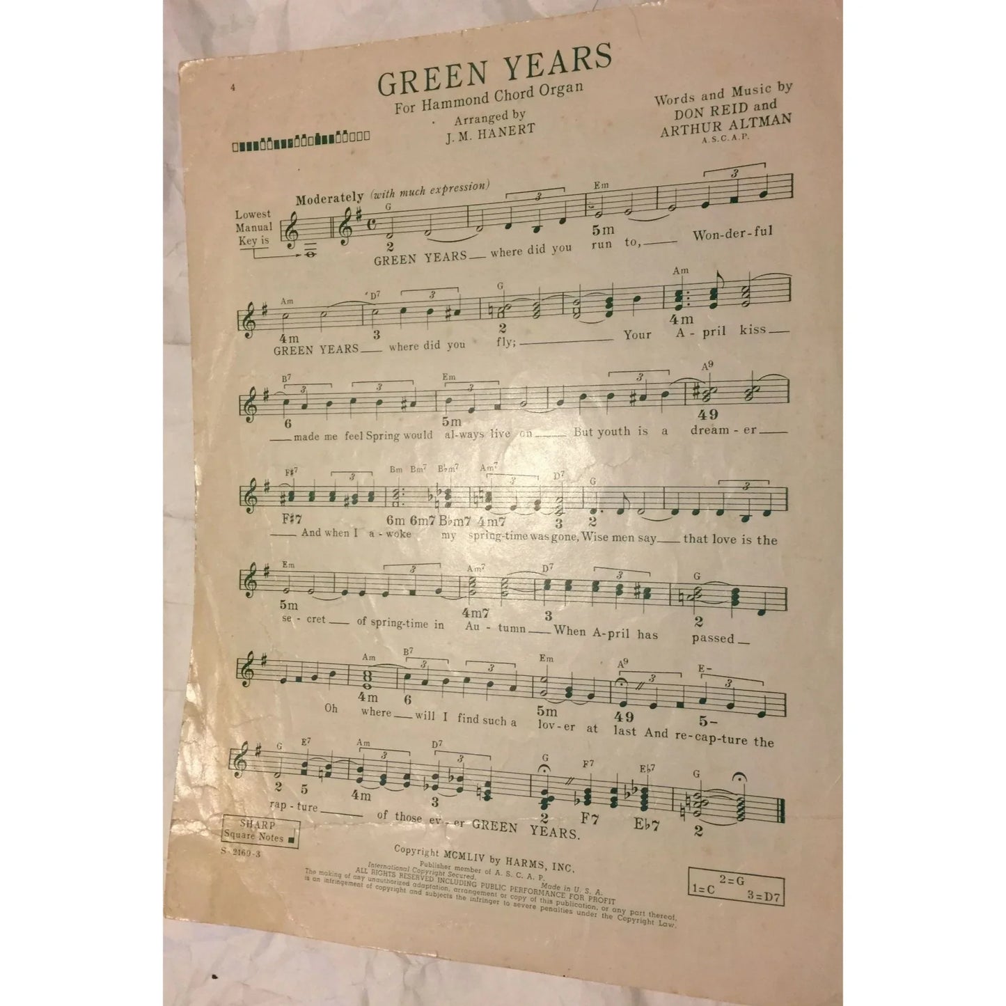 Green Years by Don Reid & Arthur Altman Vintage Sheet Music - A+ Stuff