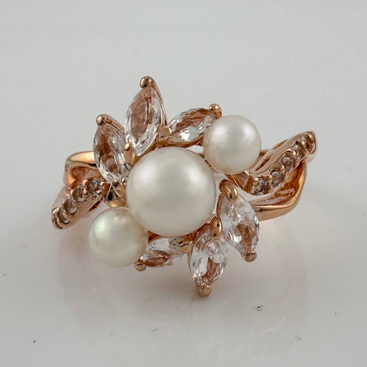 Beautiful Pearl and White Gemstone Cocktail Ring 14kt Gold Overlay Sterling Silver Size 8.25