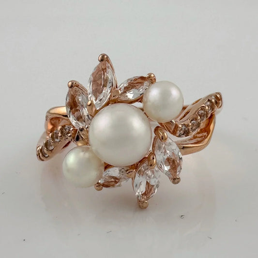 Beautiful Pearl and White Gemstone Cocktail Ring 14kt Gold Overlay Sterling Silver Size 8.25 - A+ Stuff