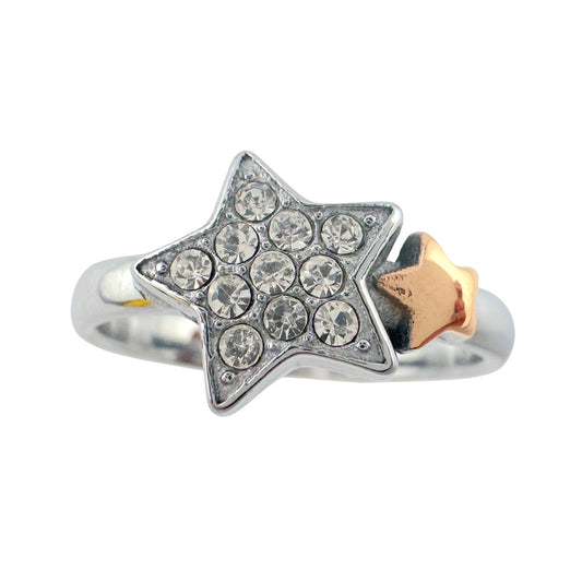 Furla Stars Ring - 2 Tone Stars Larger with Pave Crystals - Size 7