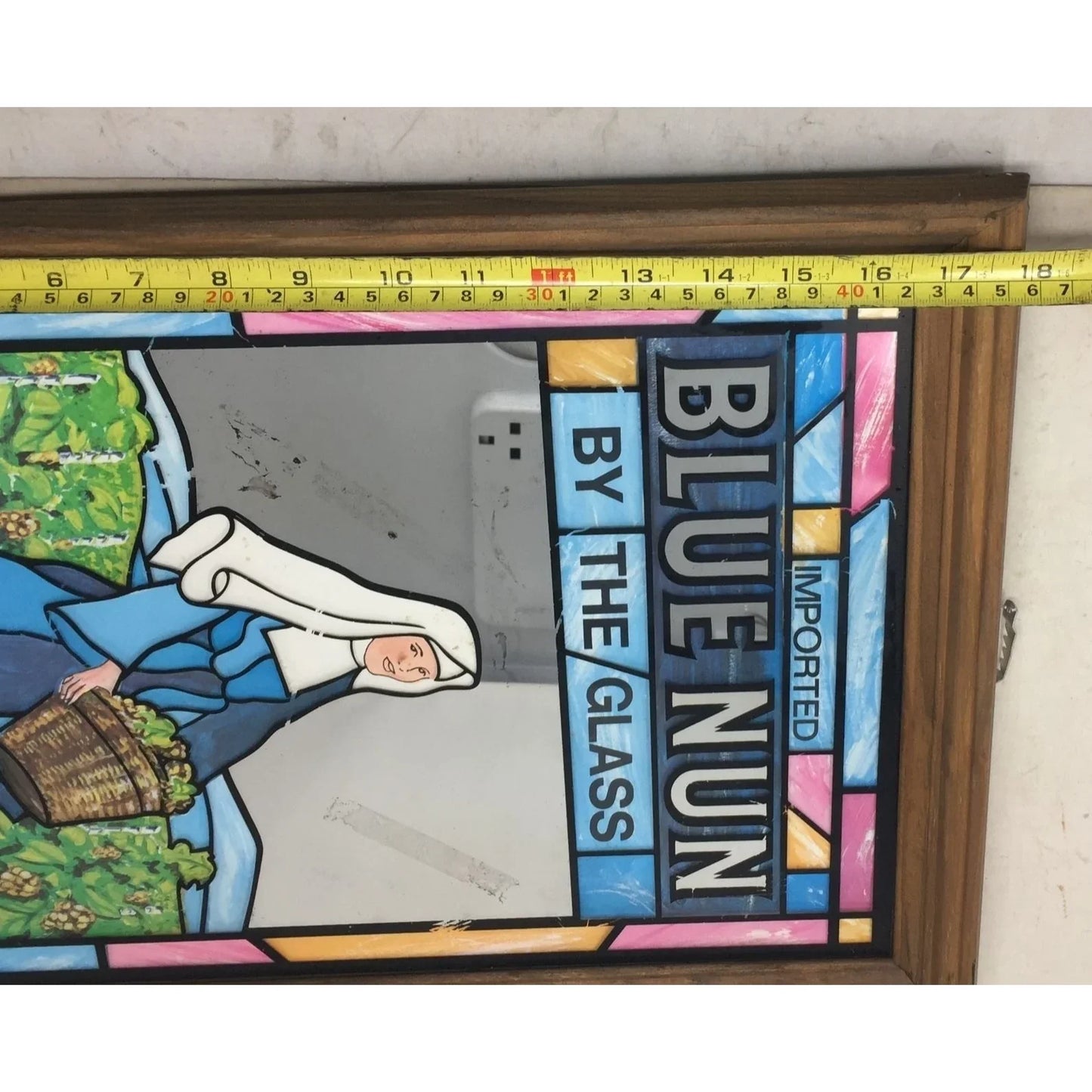 Vintage Blue Nun By The Glass Stained Glass Bar Mirror - about 18x14 inches - A+ Stuff