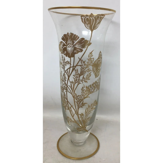 50th Anniversary Tall Clear Glass Footed Vase with Gold Tone Flowers A+ Stuff A+ Stuff