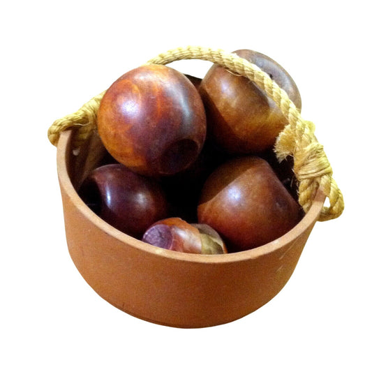 Wooden Apples in Terra Cotta Basket Table Decor - Hand Carved. 6 Apples in All - 1 Eaten