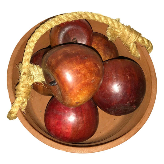 Wooden Apples in Terra Cotta Basket Table Decor - Hand Carved. 6 Apples in All - 1 Eaten