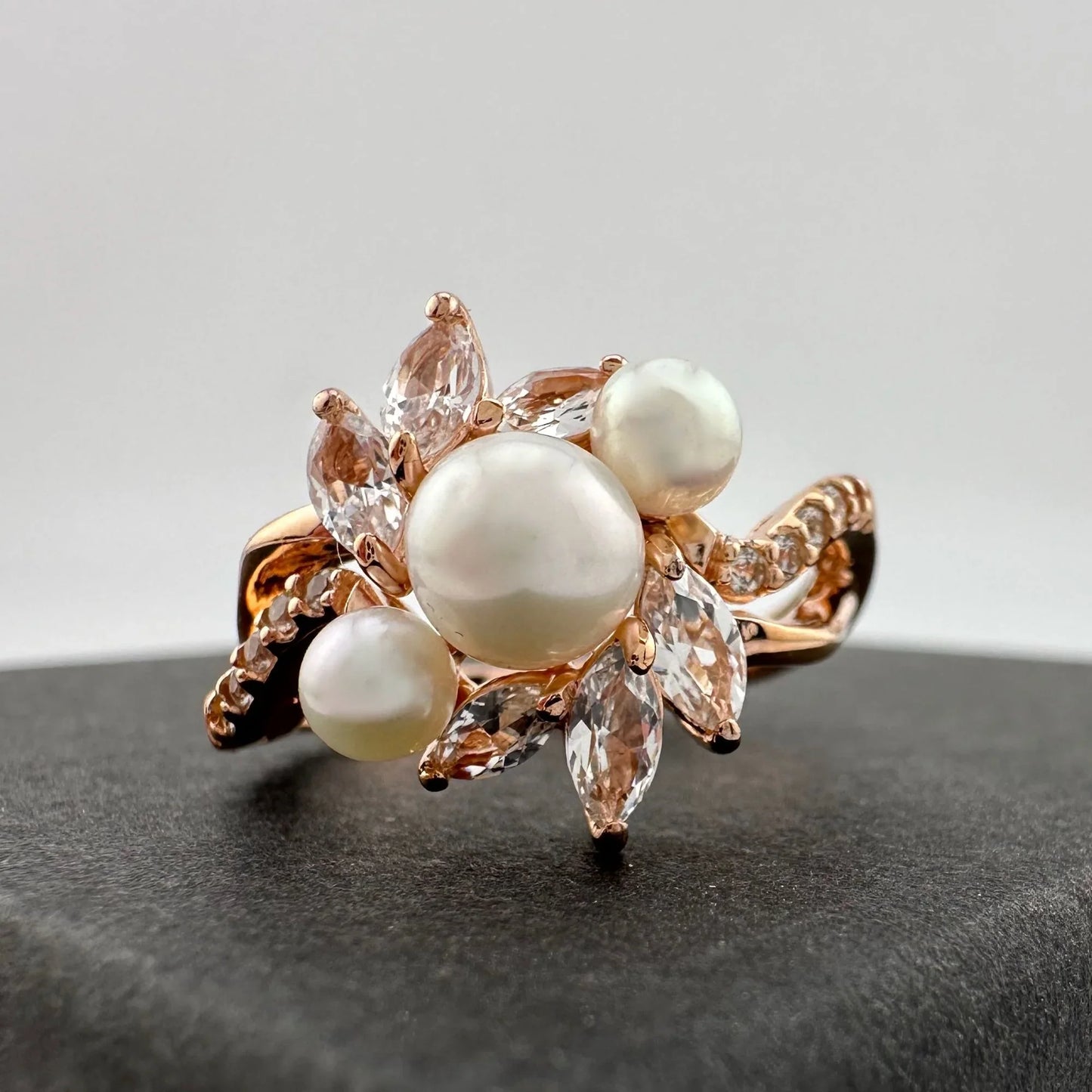 Beautiful Pearl and White Gemstone Cocktail Ring 14kt Gold Overlay Sterling Silver Size 8.25 - A+ Stuff