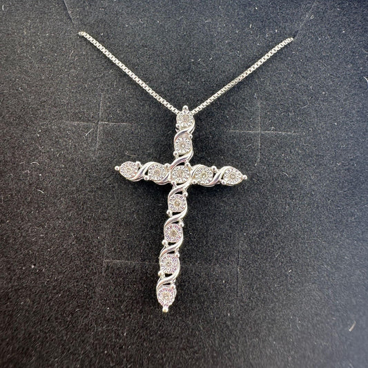 Beautiful Cross Necklace with Natural Diamonds in Illusion Setting and 18" Sterling Chain - A+ Stuff
