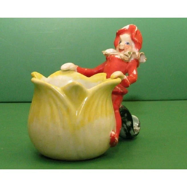 Vintage Rare Occupied Japan Pixie Elf Riding Cabbage Planter/Vase A+ Stuff A+ Stuff