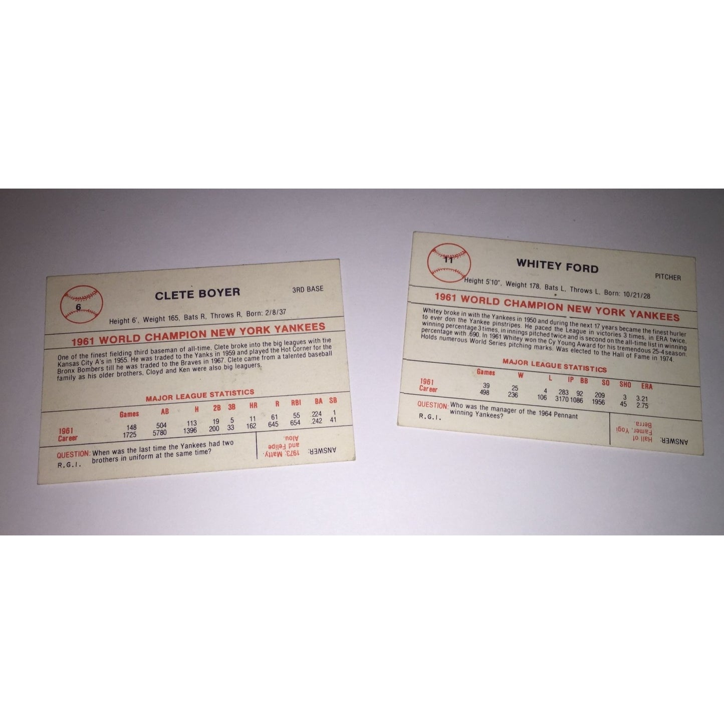 Vintage Collectible Baseball Cards - Clete Boyer/Whitney Ford