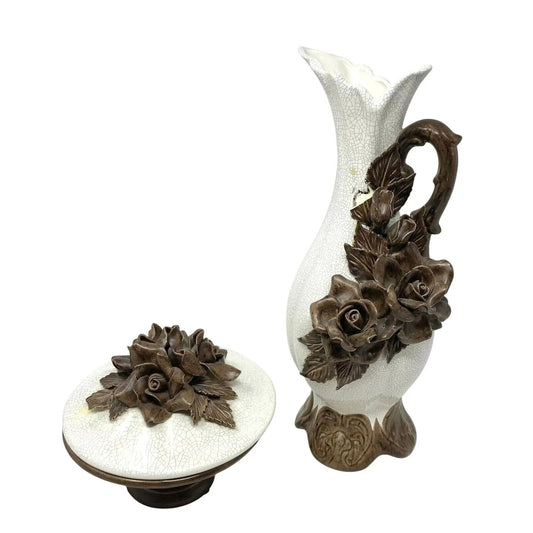 Beautiful Vintage Pitcher and Dish With Sculpted Roses Lid - Helen - decorative home accents - A+ Stuff