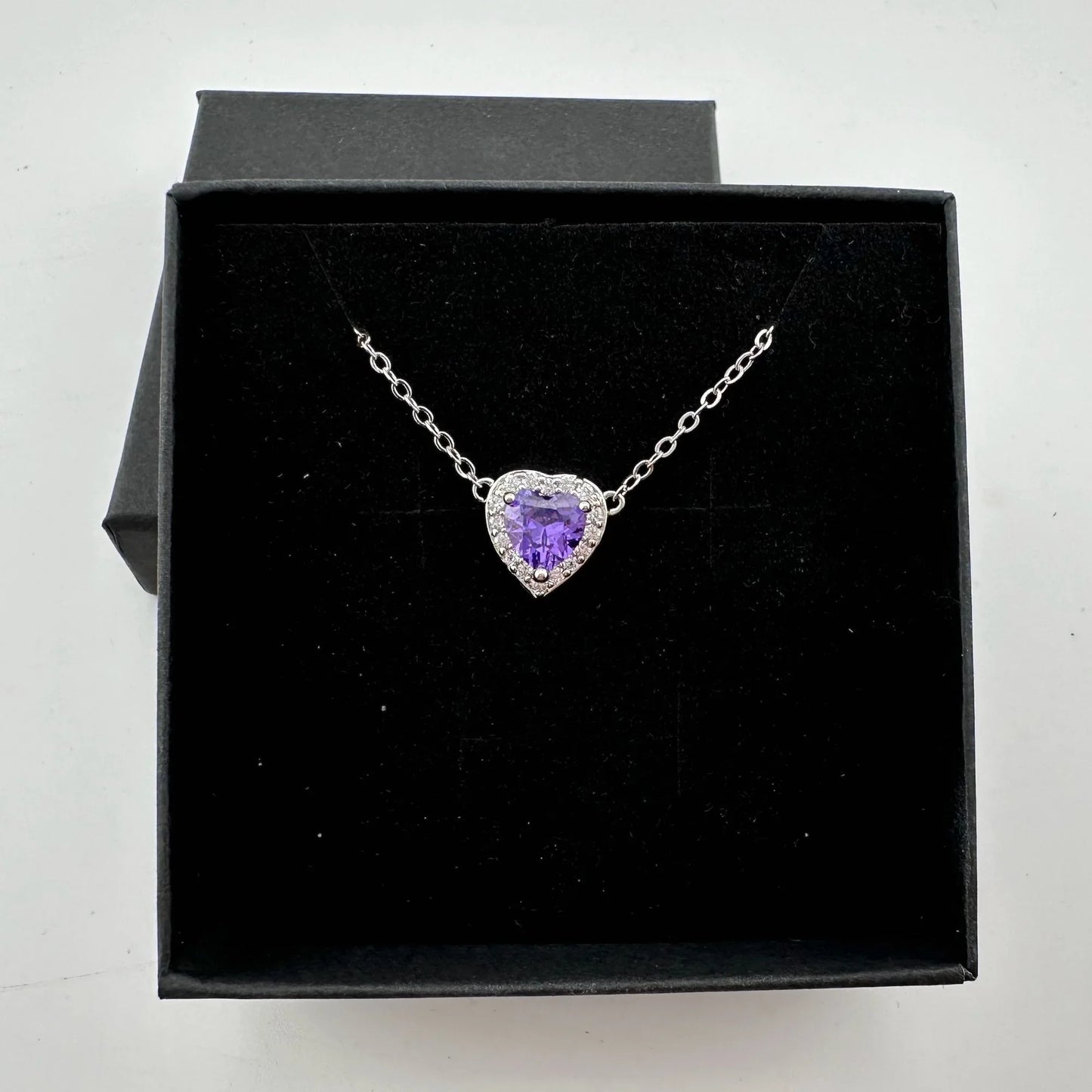 Amethyst and White Topaz Heart Shaped Halo Necklace - A+ Stuff